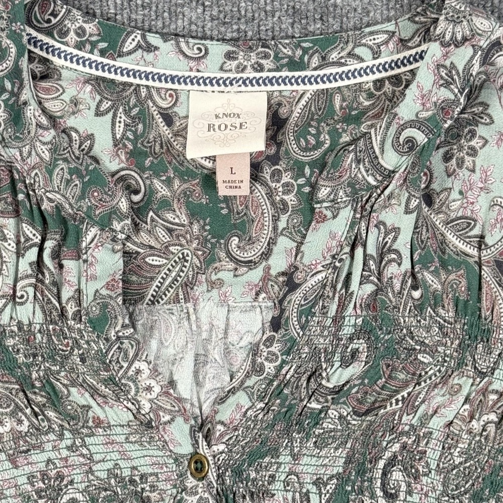 Boho Peasant Smocked Tunic Blouse Sz Large Green Paisley Empire Waist Button